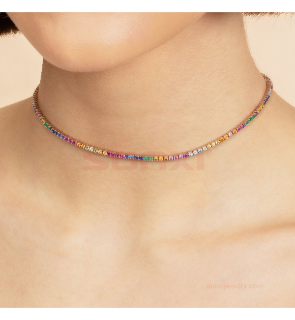 14k Rose Gold Perfect Rainbow Collar Tennis Necklace