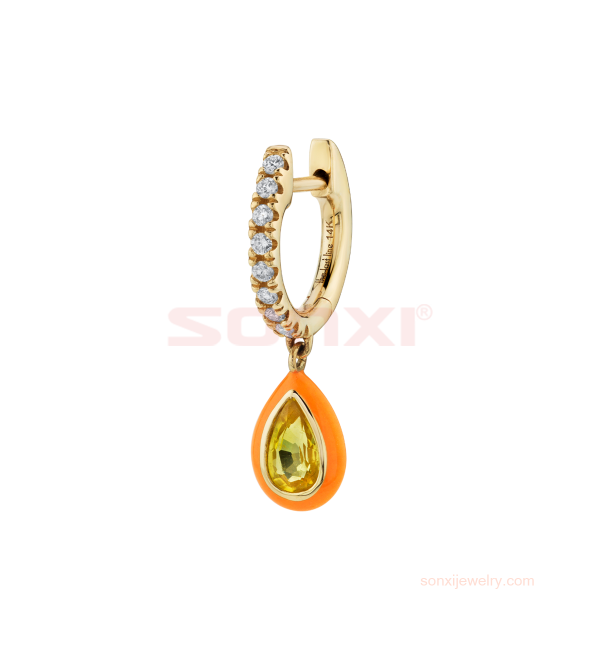 Yellow Sapphire And Orange Enamel Teardrop Diamond Huggie Earring